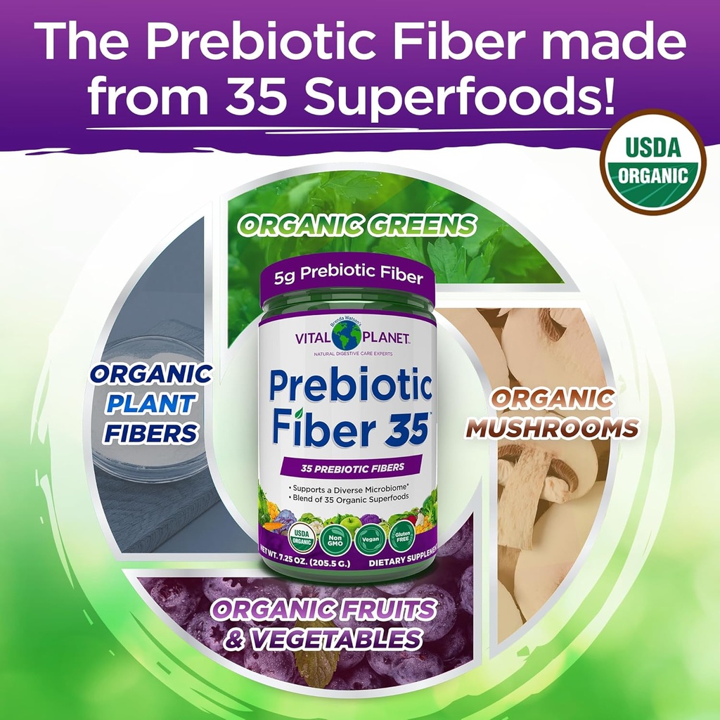 Vital Planet - Fiber 35 Powder Diverse Fiber Supplement for Dietary Support and Occasional Constipation with 35 Prebiotic Fibers and 35 Organic Superfoods to Maintain Bowel Regularity, 6.77 oz 4