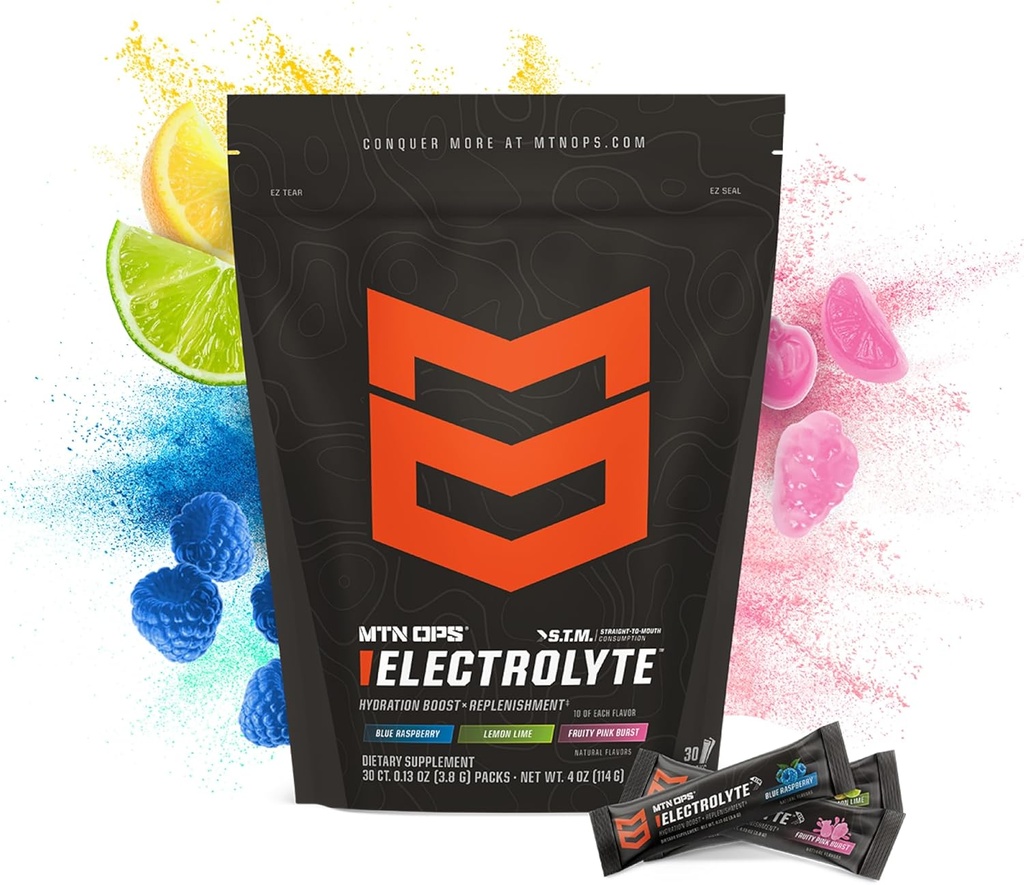 MTN OPS Electrolytes Powder Packets, Sugar Free Hydration Packets, Gluten-Free Hydration Powder, Electrolyte Packets STM “Straight to Mouth” - Variety Pack of 3 Flavors, 30 Packs 3