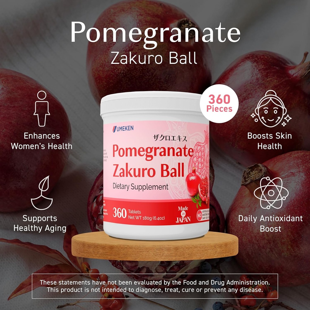 Umeken Pomegranate Balls, Chewable Supplement with Natural Vitamins, Minerals, Citric Acids & Tannins, Japanese Pomegranate Supplements for Women, 4 Month Supply, 360 Count Bottle, Pack of 2 3