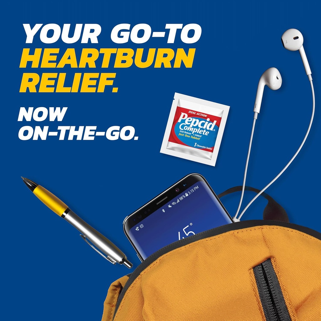 Pepcid Complete Acid Reducer + Antacid for Acid Reflux, 10mg Famotidine, 800mg Calcium Carbonate & 165mg Magnesium Hydroxide per Antacid Chew, Individual Packets, Berry Flavored, 4 ct 3