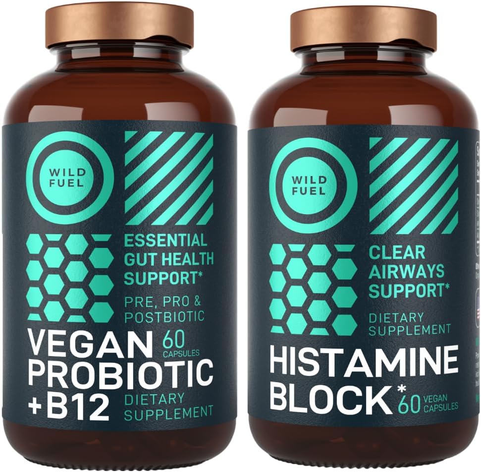 WILD FUEL Histamine Block Supplements and Vegan Probiotic Plus B12 Allergy Support and Digestive Health Bundle 2