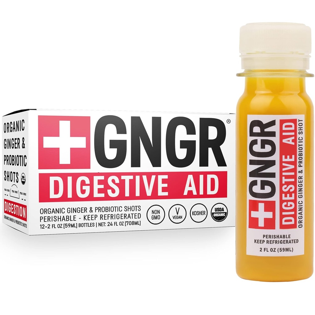 +GNGR Digestive Aid Organic Ginger Shots with Probiotics, Gut Health, Colon Cleanse, Bloating Relief, Gut Detox, Immunity Shots with Ginger Juice, Turmeric, Black Pepper. (2 Oz, Pack of 12) 2