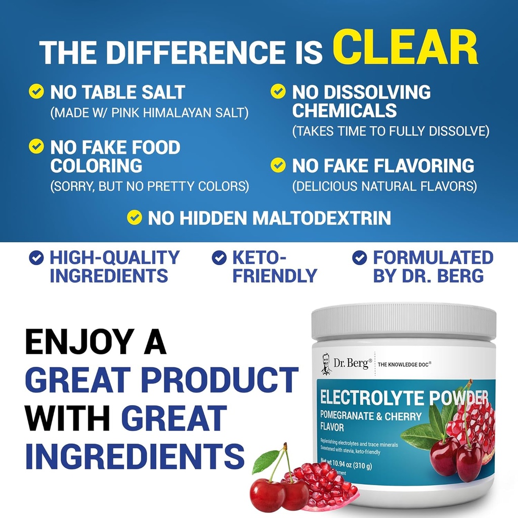 Dr. Berg Zero Sugar Hydration Keto Electrolyte Powder - Enhanced w/ 1000 mg of Potassium & Real Pink Himalayan Salt (NOT Table Salt) - Pomegranate and Cherry Hydration Drink Supplement - 50 Servings 6