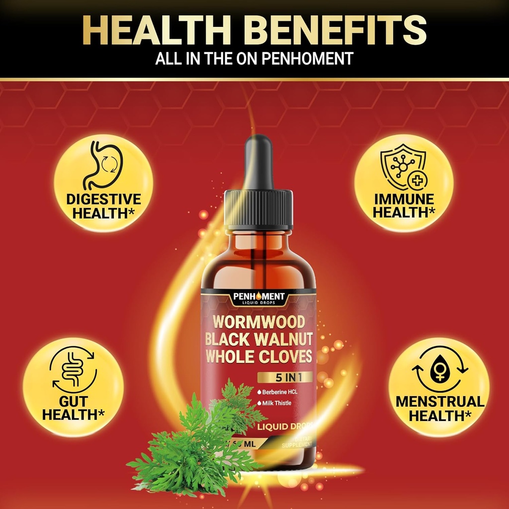 5in1 Wormwood Liquid Drops - Black Walnut Cloves Extract, Berberine, Milk Thistle - 2 Fl oz - 60 Days Supply 5
