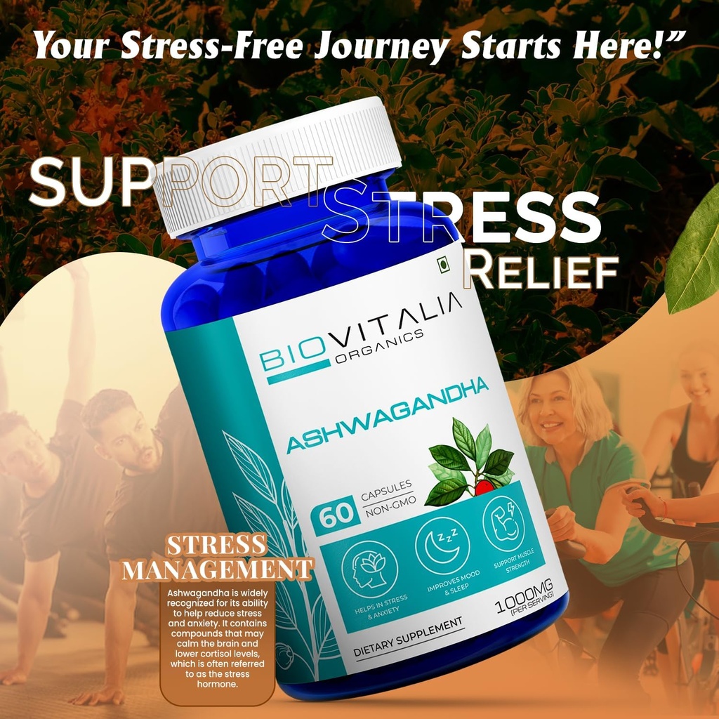 Natural Ashwagandha Capsules 1000mg Herbal Sleep Aid Supplement for Men & Women Adults, Helps Fight Stress Support Energy & Mood, Promote Mind Restfulness - 60 Vegan Capsule 5