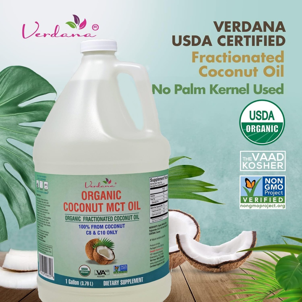 Verdana USDA Certified Organic Coconut MCT Oil –Fractionated Coconut Oil – No Palm Kernel Used – Kosher, Food Grade, Non-GMO – Great for Keto and Paleo Diets – 1Gallon 4