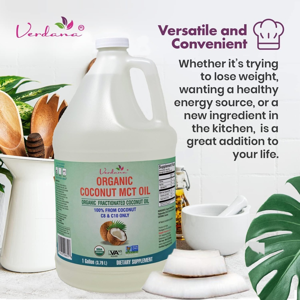 Verdana USDA Certified Organic Coconut MCT Oil –Fractionated Coconut Oil – No Palm Kernel Used – Kosher, Food Grade, Non-GMO – Great for Keto and Paleo Diets – 1Gallon 6