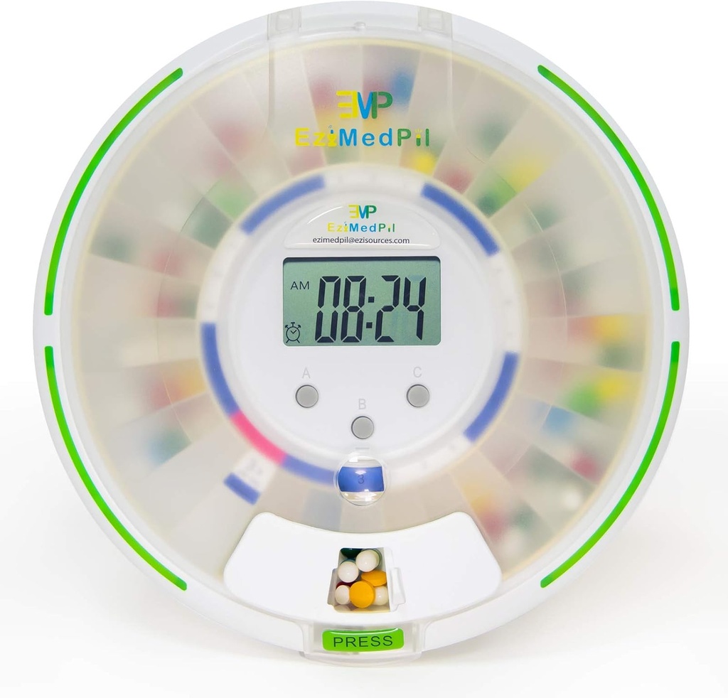 EziMedPil Automatic Pill Dispenser with Alarm, Sound & Light, up to 6 Alarms/Day, 6 Dosage Templates, Easy-Read Display, Frosted Lid & Locked 28-Day Medication Dispenser for Protecting Pills Privacy 2