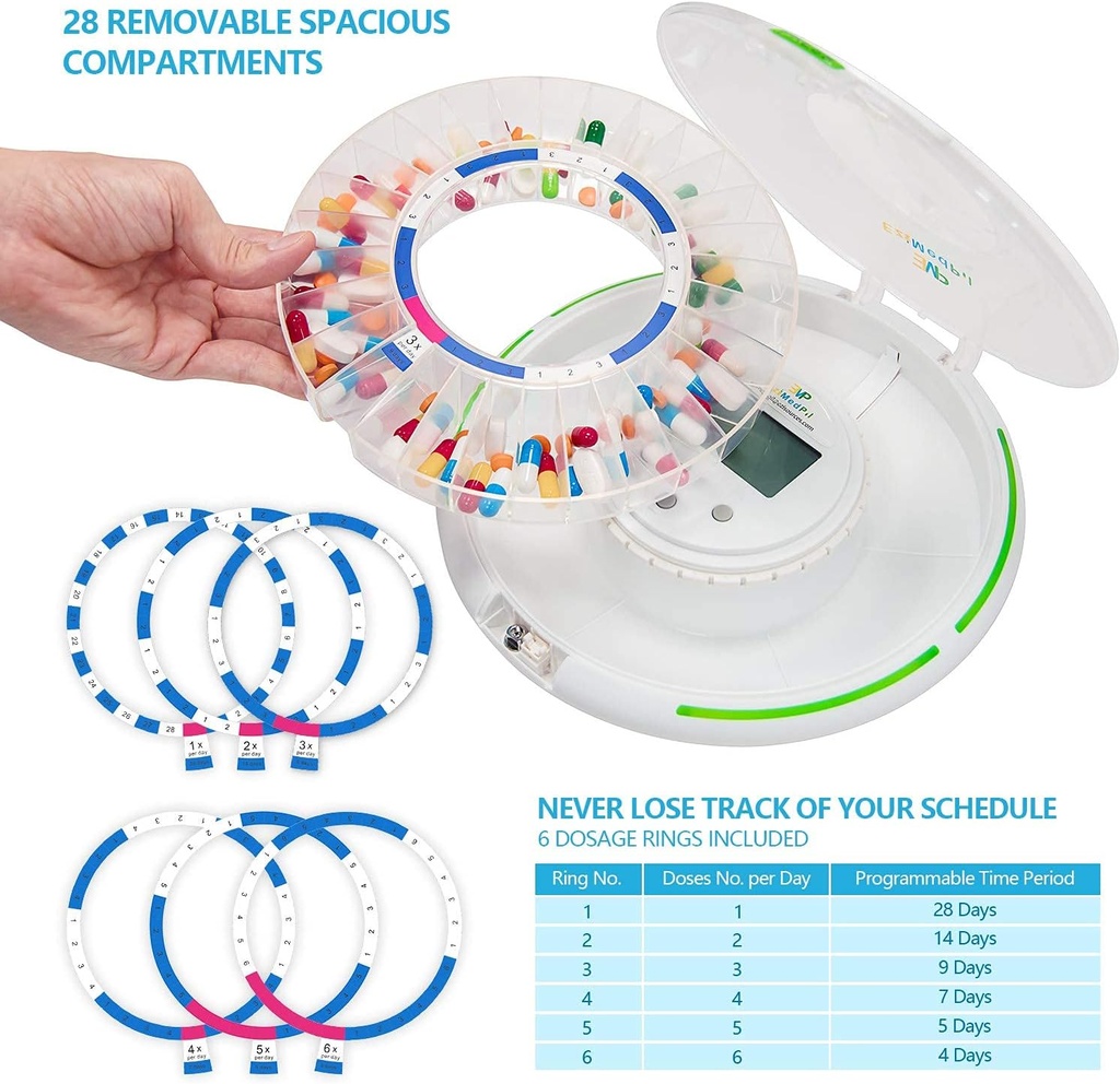 EziMedPil Automatic Pill Dispenser with Alarm, Sound & Light, up to 6 Alarms/Day, 6 Dosage Templates, Easy-Read Display, Frosted Lid & Locked 28-Day Medication Dispenser for Protecting Pills Privacy 6