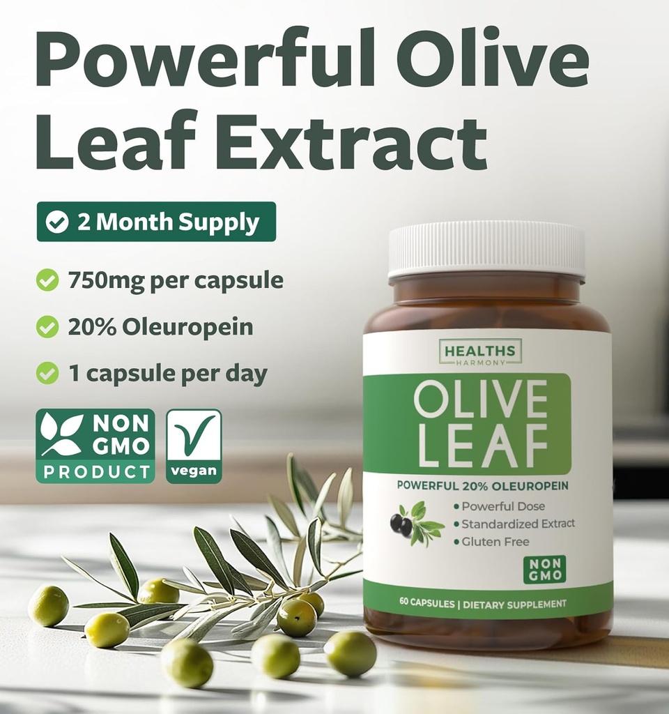 Super Strength Olive Leaf Extract Capsules - Vegan Non-GMO 750mg Olive Extract with 20% Oleuropein Antioxidant Supplement for Immunity Skin and Heart Health Support - Made in The USA (2 Month Supply) 3