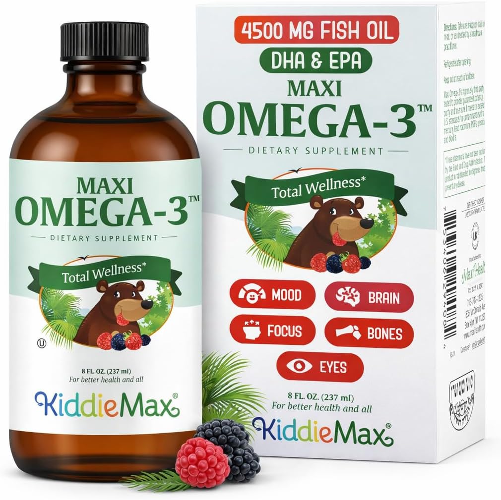 Maxi Health Omega 3 for Kids Supplement – Kosher Omega 3 Kids Fish Oil Liquid with DHA & EPA – Liquid Fish Oil Supplement with Fruity Burst Flavor to Support Mood, Brain, Focus, Bones & Eyes (8 oz) 2