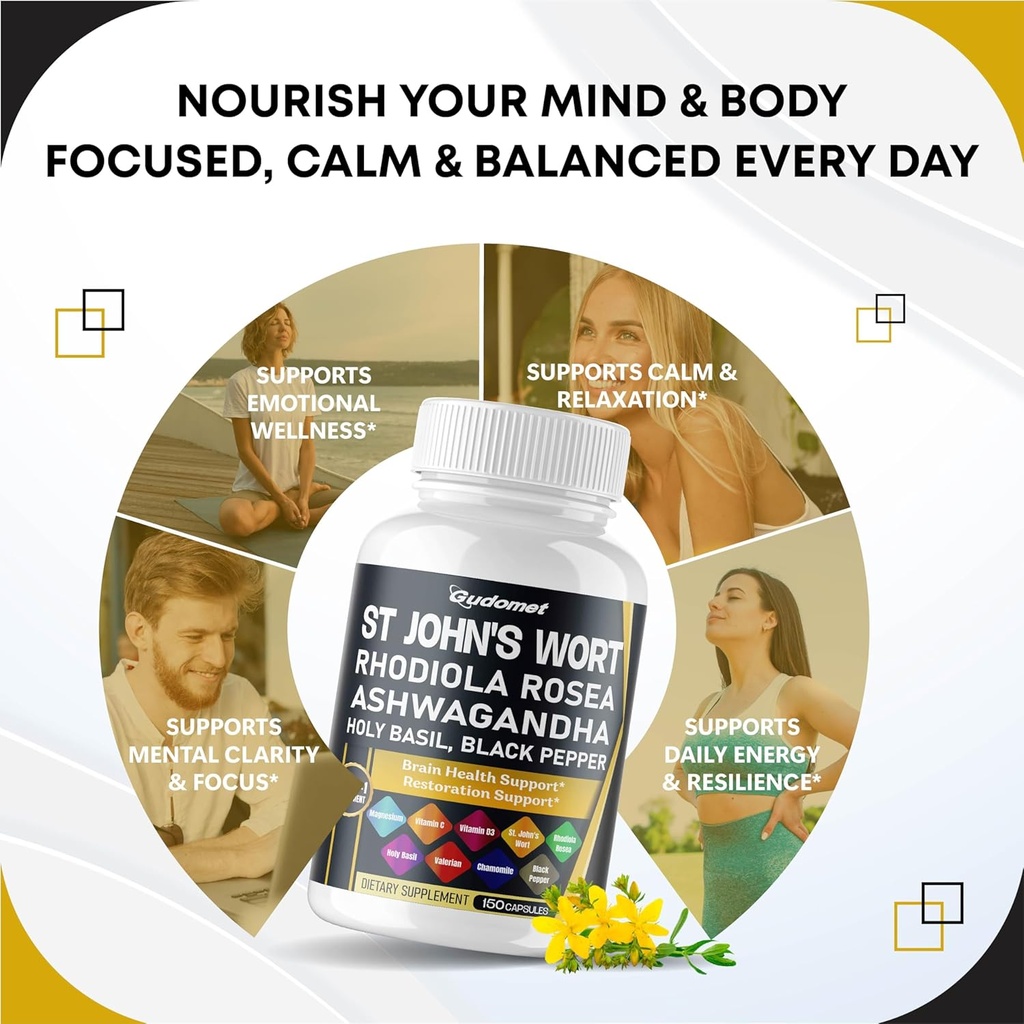 St. John's Wort Rhodiola Rosea Ashwagandha Holy Basil Valerian Chamomile Black Pepper -150 Capsules- Made in USA 4