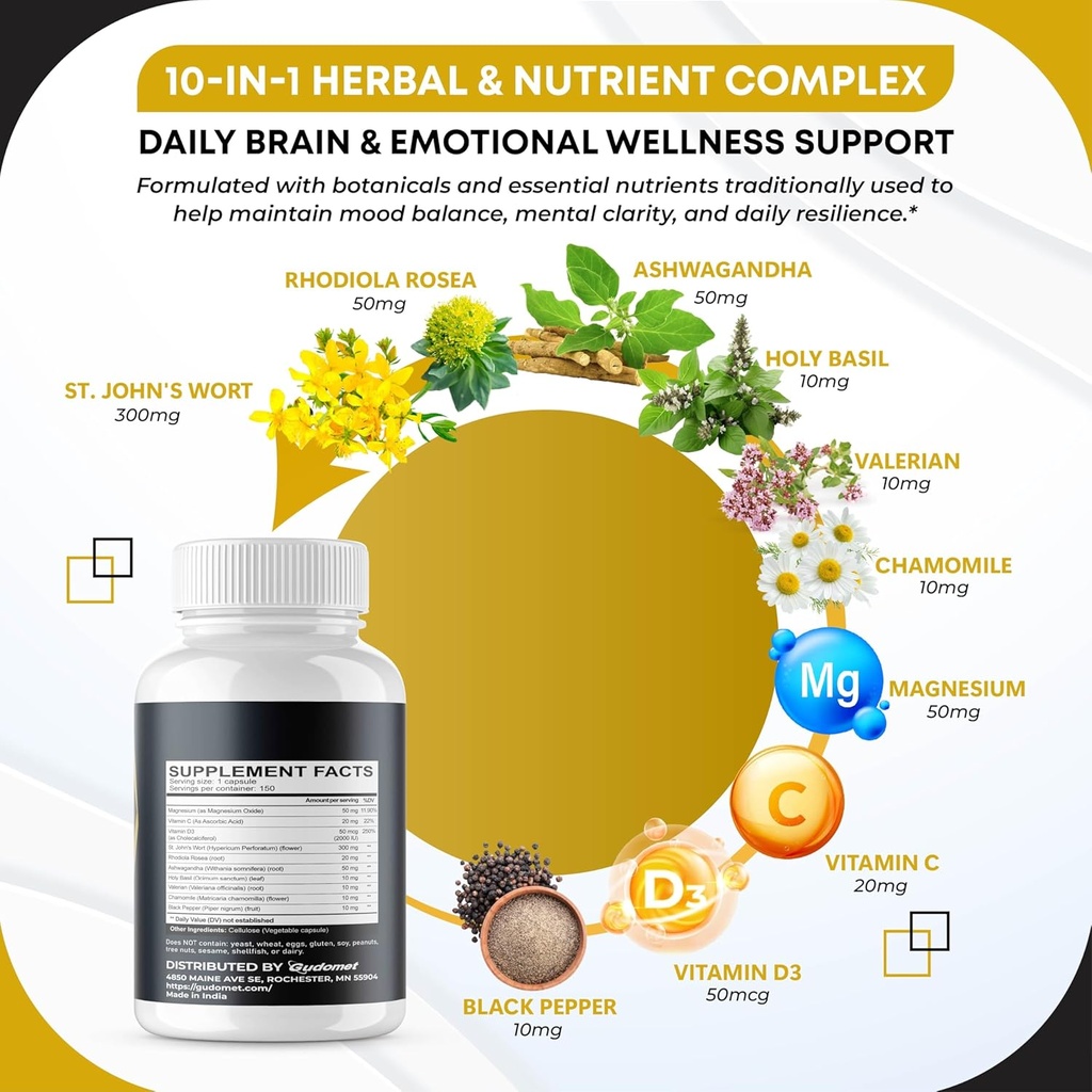 St. John's Wort Rhodiola Rosea Ashwagandha Holy Basil Valerian Chamomile Black Pepper -150 Capsules- Made in USA 5