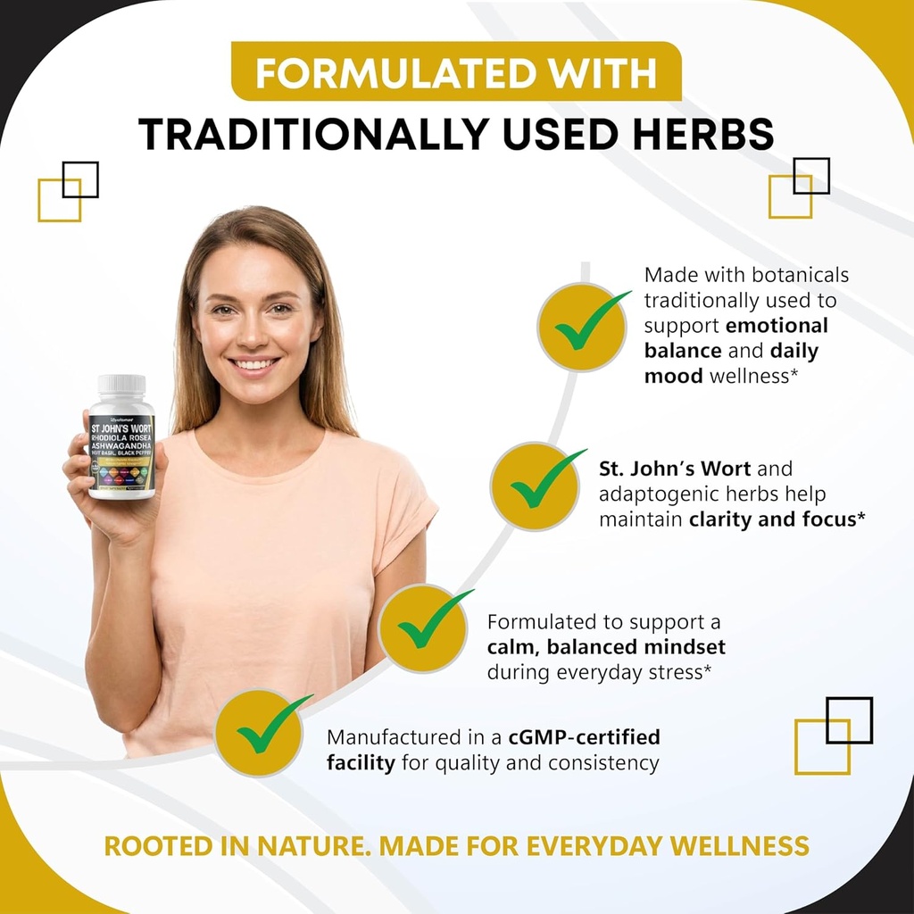 St. John's Wort Rhodiola Rosea Ashwagandha Holy Basil Valerian Chamomile Black Pepper -150 Capsules- Made in USA 6