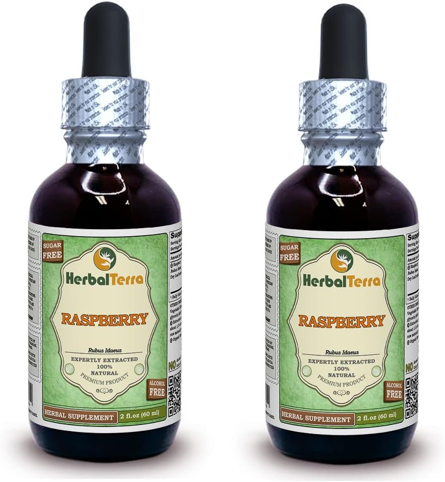 Raspberry (Rubus Idaeus) Glycerite, Organic Dried Leaves Alcohol-Free Liquid Extract (Brand Name: HerbalTerra, Proudly Made in USA) 2x2 fl.oz (2x60 ml) 2