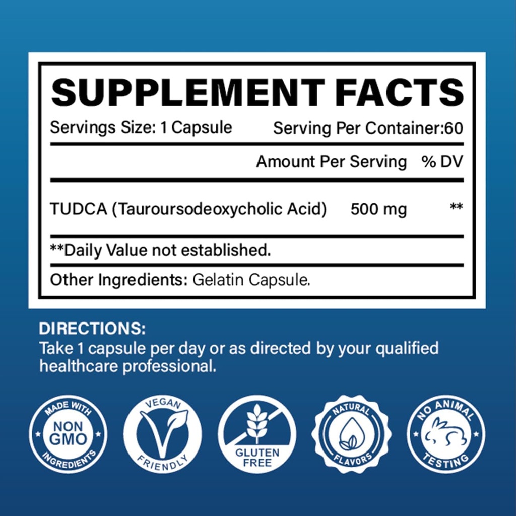 TUDCA 500mg Supplement, Liver and Gallbladder Support, Genuine Purified Bile Salts with Bitter Taste, Gluten Free, Non GMO - 60 Capsules 3