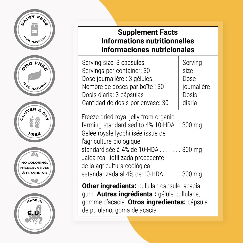 Supersmart - Organic Royal Jelly 300mg per Day (High Strength 4% 10-HDA) - Freeze-Dried Fresh Royal Jelly Supplement | Non-GMO & Gluten Free - 90 Vegetarian Capsules 5