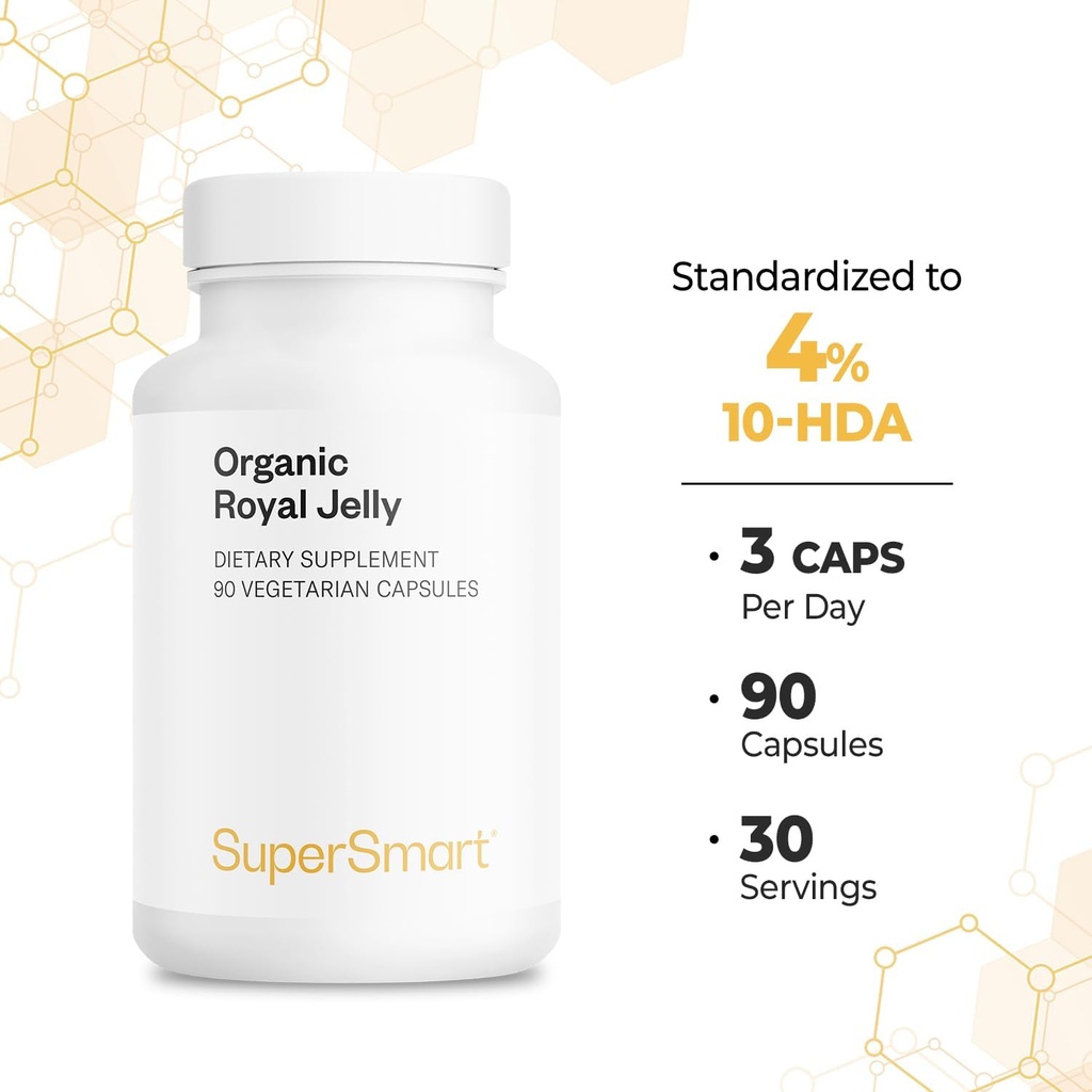Supersmart - Organic Royal Jelly 300mg per Day (High Strength 4% 10-HDA) - Freeze-Dried Fresh Royal Jelly Supplement | Non-GMO & Gluten Free - 90 Vegetarian Capsules 6