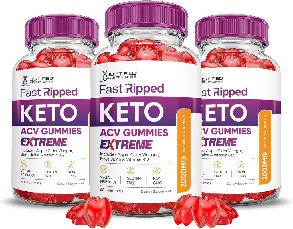 Justified Laboratories (3 Pack Fast Ripped Keto ACV Gummies Extreme 2000MG Fast Ripped Keto Gummies Apple Cider Vinegar Formulated with Pomegranate Beet Juice Powder B12 Vegan Non GMO 180 Gummys 2
