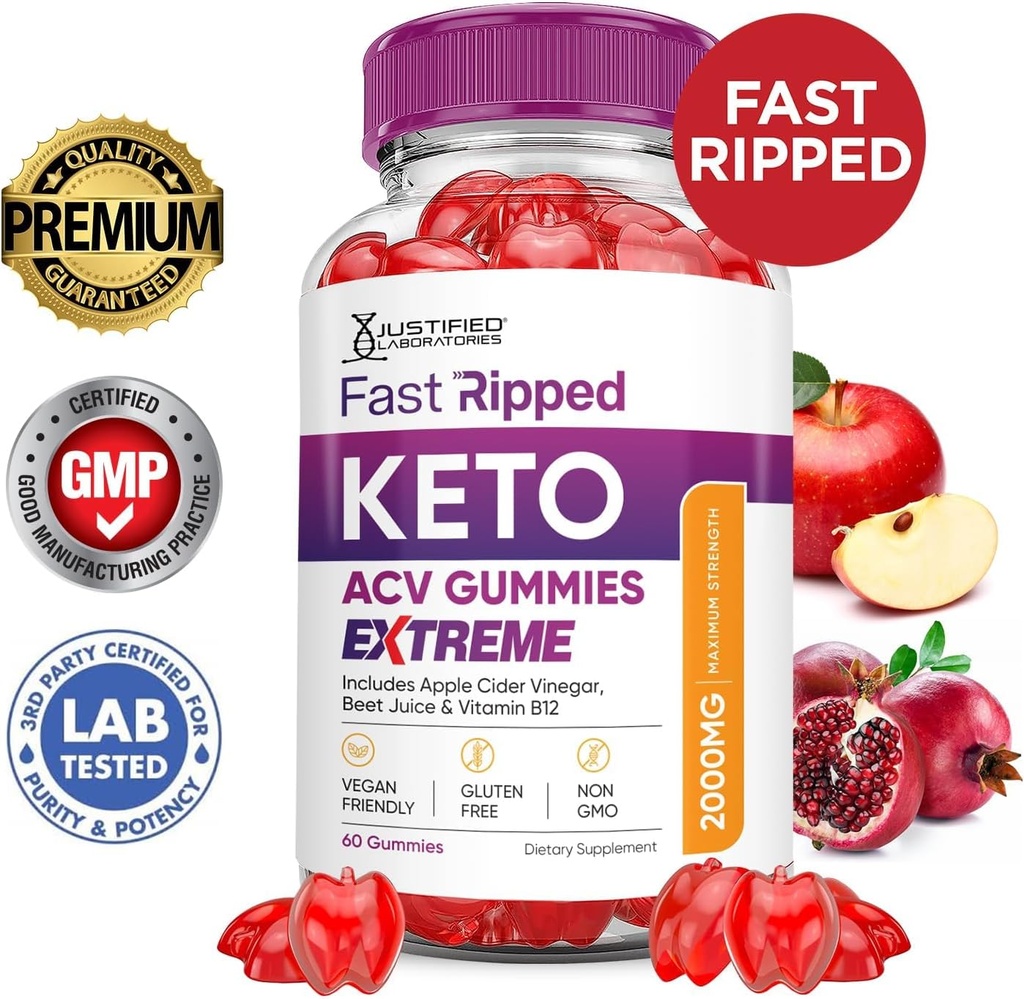 Justified Laboratories (3 Pack Fast Ripped Keto ACV Gummies Extreme 2000MG Fast Ripped Keto Gummies Apple Cider Vinegar Formulated with Pomegranate Beet Juice Powder B12 Vegan Non GMO 180 Gummys 4