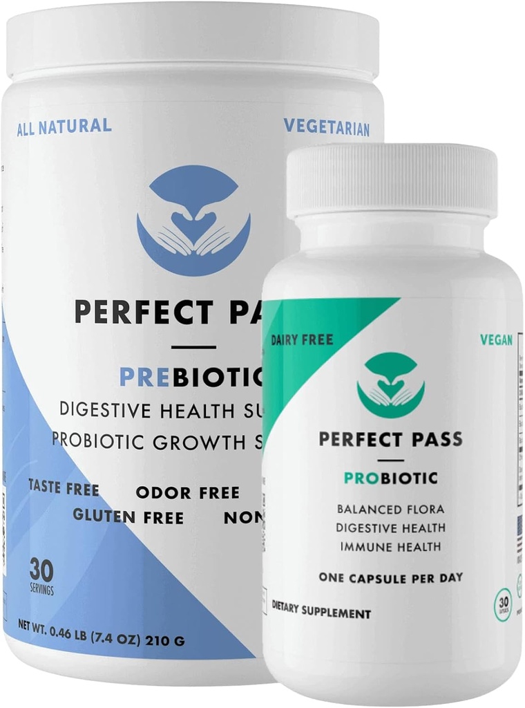 PERFECT PASS Prebiotics and Probiotics for Digestive Health, Capsule and Powder Supplement Bundle for Adults, Natural Bacillus Strains with PHGG for Gut and Digestive Wellness 2