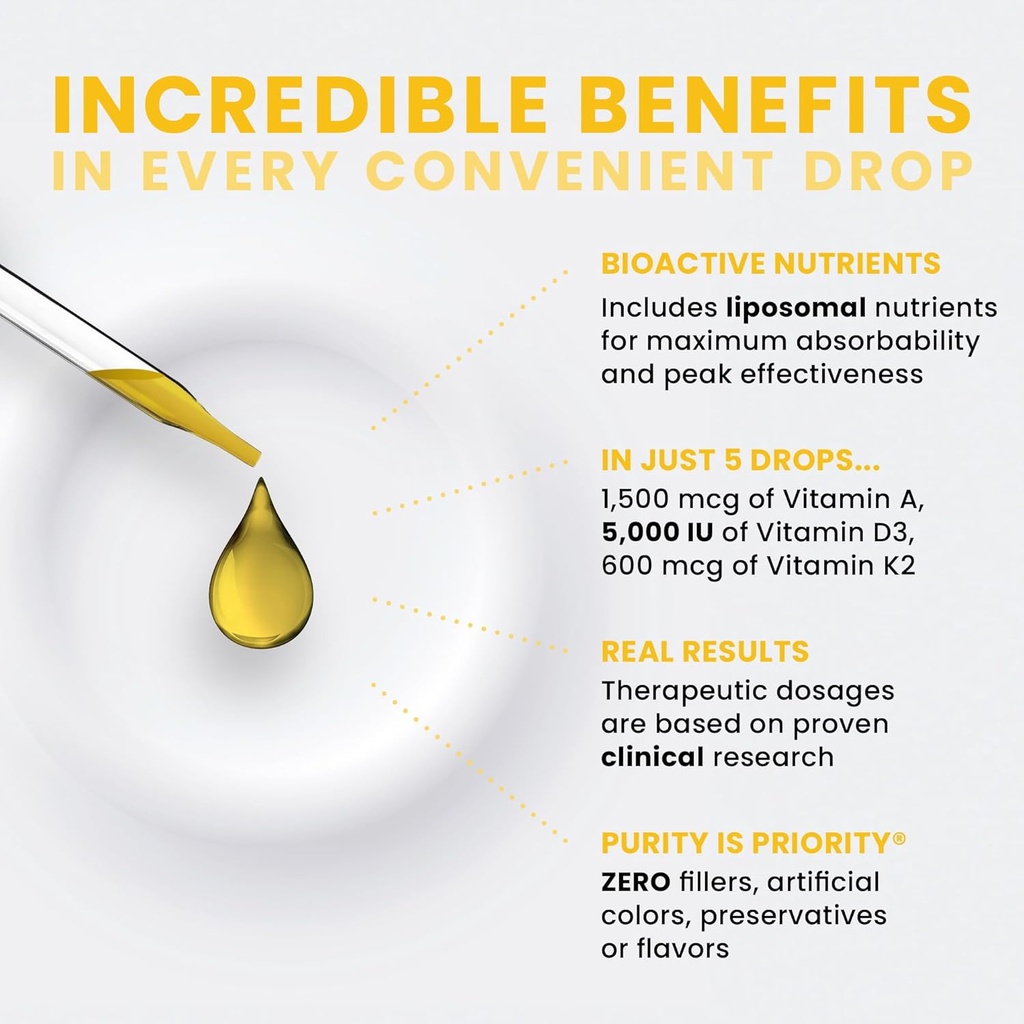 Pure TheraPro Rx Vegan A-D-K Drops-6 Mon Supply-Vitamin A(Palmitate & Betacarotene),Liposomal Vitamin D3(as vegan cholecalciferol),Liposomal Vitamin K2(MK-4 & MK-7)Supports Immunity & Bone Health-20mL 5