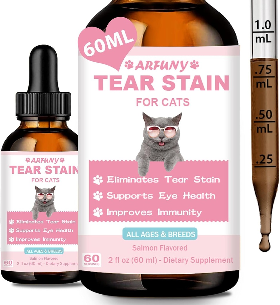 Tear Stain Supplement for Cat - Prevent and Eliminate Cats Tear Stains - Eye Health, Immune System Support - with Cranberry, Marshmallow, Vitamins - Salmon Flavor, 60ML 2