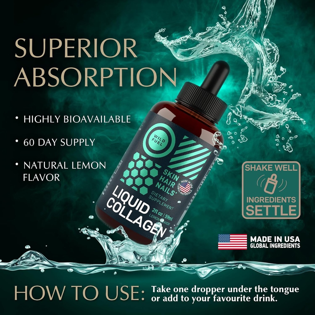 Liquid Collagen Peptides with Biotin Drops - 30,000mcg Collagen Liquid for Women and Men plus Biotin - Youthful Skin, Hair Growth, Strong Nails - Hair Vitamins for Hair Loss - Lemon Flavor - 2x2oz 3