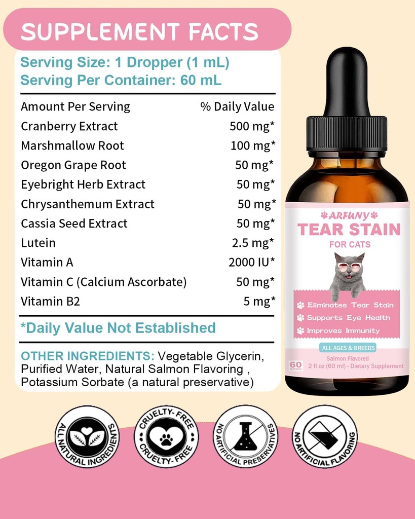 Tear Stain Supplement for Cat - Prevent and Eliminate Cats Tear Stains - Eye Health, Immune System Support - with Cranberry, Marshmallow, Vitamins - Salmon Flavor, 60ML 5