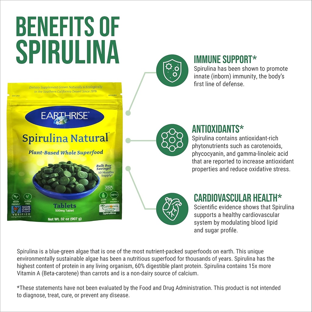 Earthrise Spirulina, Pure Californian Spirulina 500 mg, Vegan, Gluten Free, Keto Friendly, Non -GMO Super Food high in Vitamins & Minerals, 2LB Tablets (300 Serving) 4