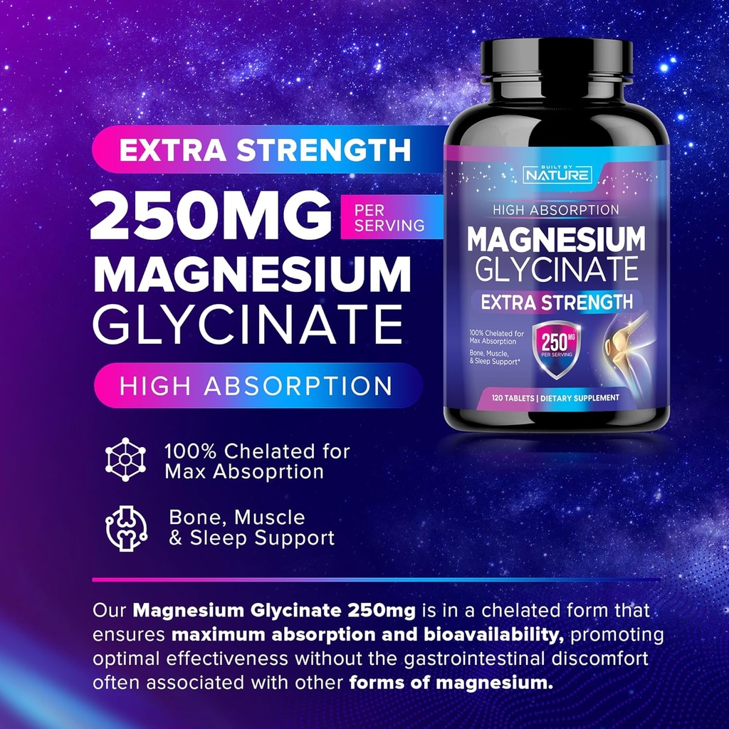 Magnesium Glycinate 250mg - High Absorption Chelated Magnesium Supplement - 100% Pure Magnesium Glycinate - Stress, Sleep, Heart, and Muscle Health Support - Non-GMO, Vegan, Gluten-Free (120 Tablets) 4