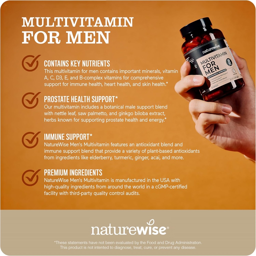 NatureWise Multivitamin for Men - Daily Male Support - Minerals & Herbs for Energy, Performance, Immunity - with Vitamin A, C, D, B-Complex - Soy & Gluten-Free, Non-GMO - 180 Capsules[3-Month Supply] 5