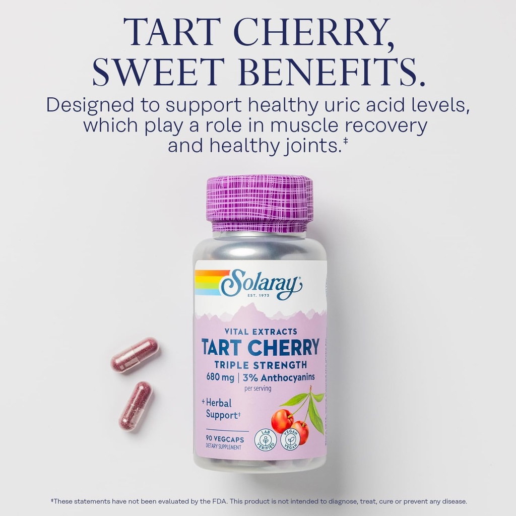 SOLARAY Triple Strength Tart Cherry Extract - Tart Cherry Capsules with Antioxidants and Anthocyanins for Uric Acid Levels Support - Vegan, 60-Day Guarantee - 45 Servings, 90 VegCaps 4