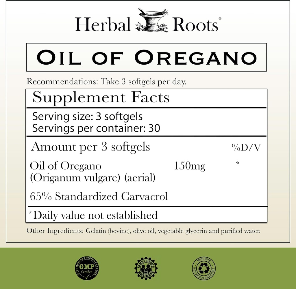 Herbal Roots Oil of Oregano - Made from Mediterranean Oregano Oil - 90 Easy to Swallow Softgel Capsules - Extra Strength 150mg 3