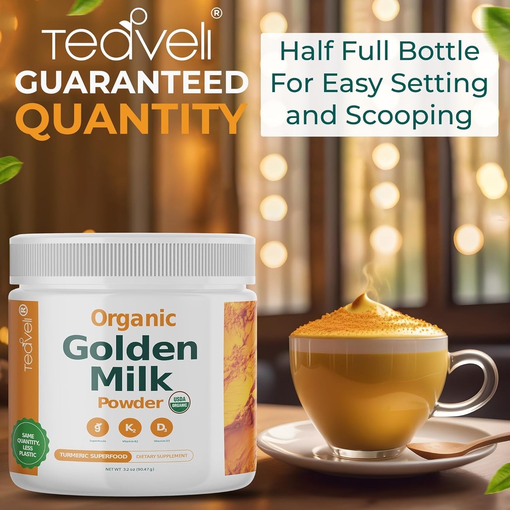 Organic Golden Milk Powder with Vitamins D3 & K2, Turmeric, Ginger, Curcumin, Cinnamon, KSM66 Ashwagandha, Holy Basil & Natural Prebiotics– Delicious Unsweetened Turmeric Tea Latte- 30 Servings 6