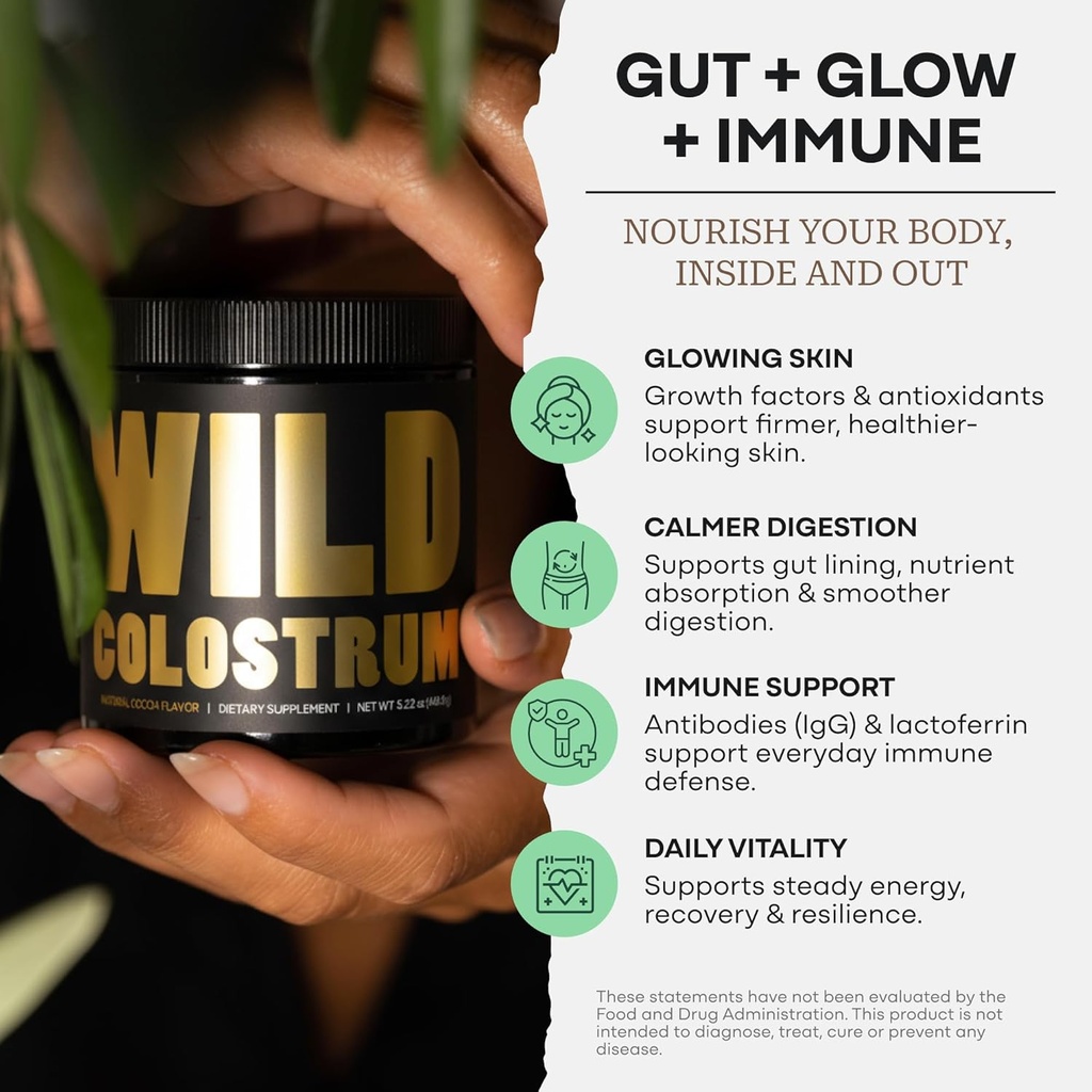 Colostrum Supplement - Grass Fed Pure Bovine Colostrum Powder - 2000mg & 400mg IgG (calostro bovino) - Gut, Immunity, Skin, Hair Support - Sugar Free, Natural Cacao Flavour, 30 Servings 4