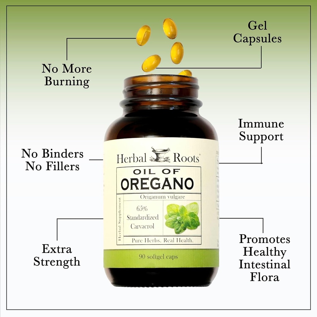 Herbal Roots Oil of Oregano - Made from Mediterranean Oregano Oil - 90 Easy to Swallow Softgel Capsules - Extra Strength 150mg 5