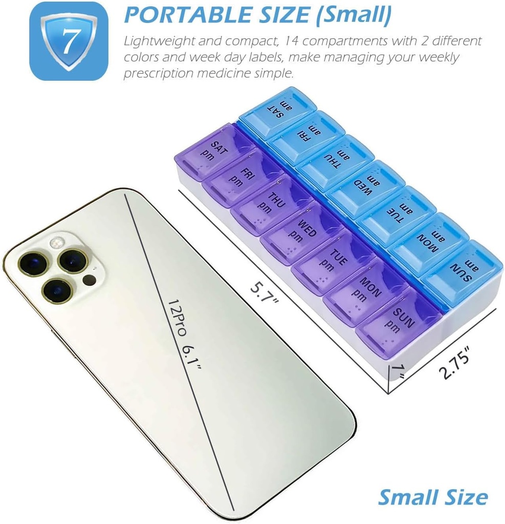 VOFOON Travel Pill Organizer 2 Times a Day, PU Leather Portable Pill Case for Women/Men, 7 Day AM PM Pill Box with Travel Pouch Medicine Organizer for Vitamins Medicine Fish Oils Supplements (Small) 3