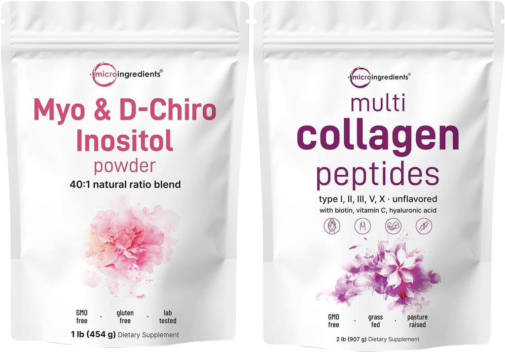 Micro Ingredients Multi Collagen Protein Powder 2lbs & Myo & D-Chiro Inositol Powder Bundle 2 Pack | Grass-Fed Collagen Peptides | Inositol Supplement for Women 2