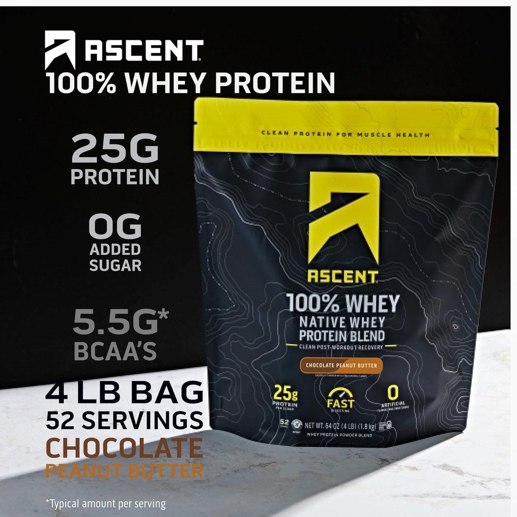 Ascent 100% Whey Protein Powder - Post Workout Whey Protein Isolate, Zero Artificial Flavors & Sweeteners, Gluten Free, 5.5g BCAA, 2.6g Leucine, Essential Amino Acids, Chocolate Peanut Butter 4 lb 3