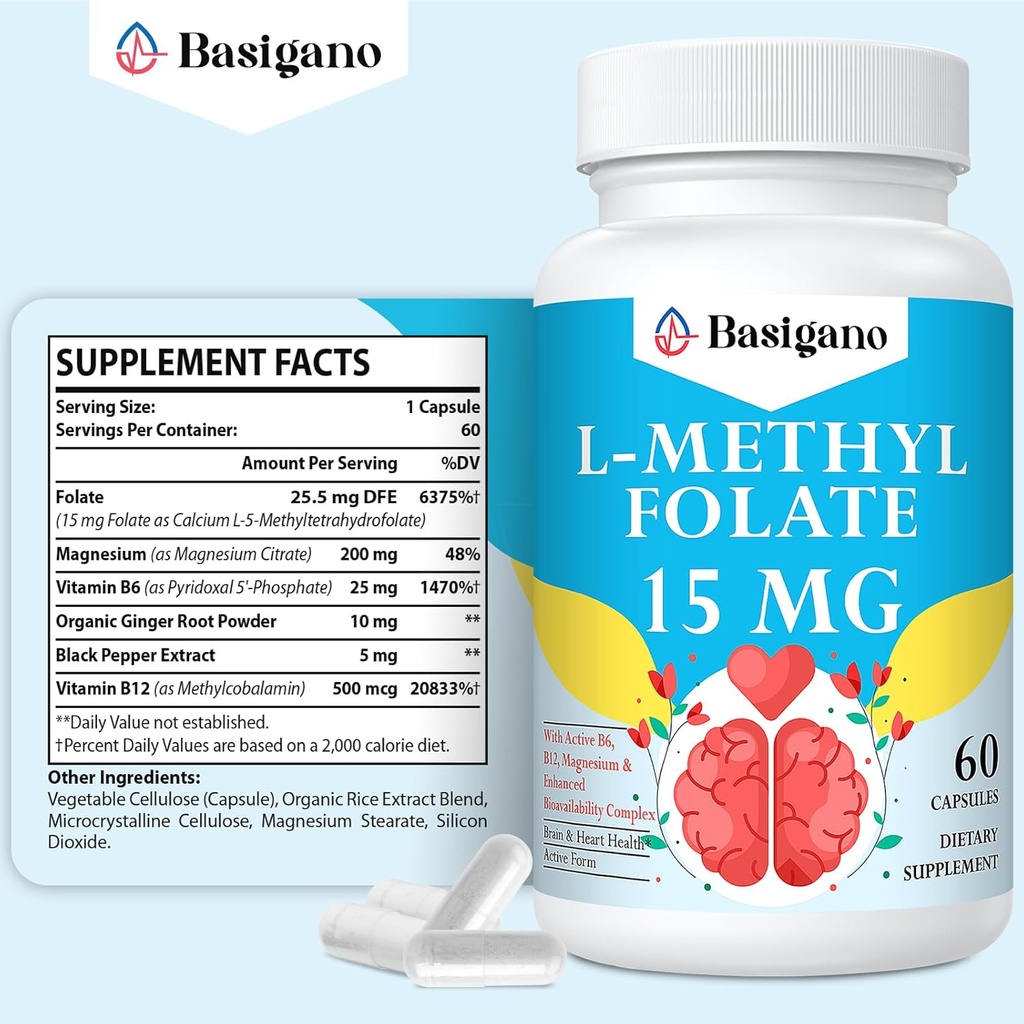 15mg L Methylfolate (5-MTHF)- Active Folic Acid-Enriched with Vitamins B6 and B12-60 Vegetarian Capsules - Non-GMO, Gluten-Free 3