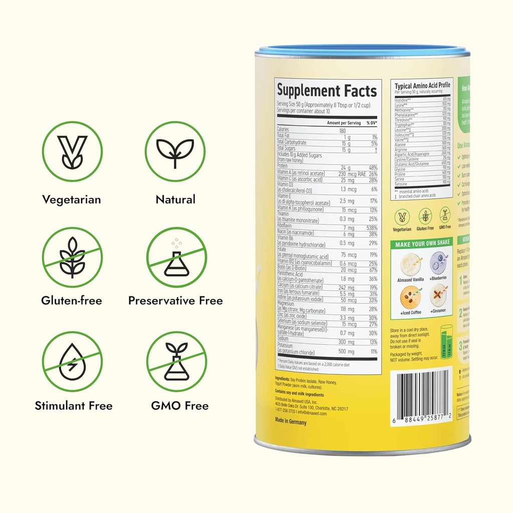 Almased Vanilla Meal Replacement Shake - Low-Glycemic High Plant Base Protein Powder- Nutritional Weight Health Support Supplement - Vanilla Flavor - 17.6 oz (1.1 Pound (3 Pack)) 3
