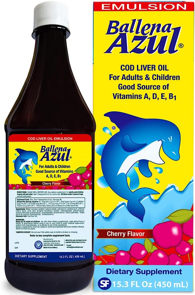 Ballena Azul Aceite de Hígado de Bacalao para Adultos y Niños, COD Liver Oil for Adults and Children,Vitamins A,D,E, B1, Dietary Supplement, Omega 3, Inmune System Boost, Cherry (Cherry 15 OZ) 2