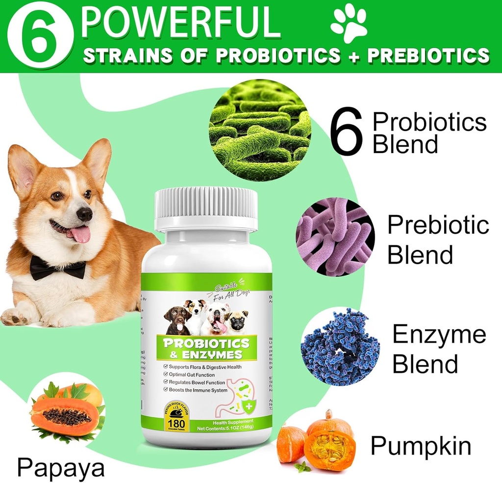 Probiotics for Dogs, 180 Chews Dog Probiotics and Digestive Enzymes, Promotes Gut Health, for Bowel Support, Immunity Health 5