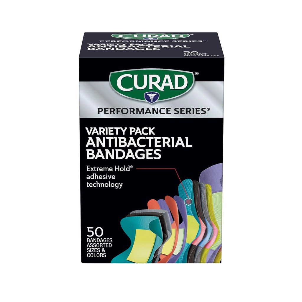 CURAD Performance Series IRONMAN Antibacterial Bandages, Extreme Hold Adhesive Technology, Finger & Knuckle Bandages, Flexible Fabric, Variety Pack with Assorted Sizes & Colors, 50 Count 2