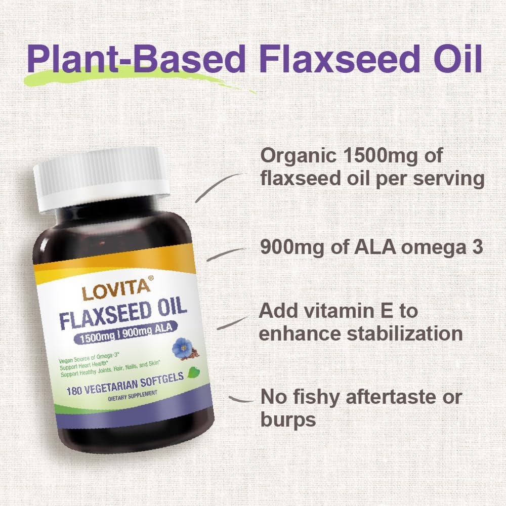 Lovita Vegan Flaxseed Oil 1500mg with 900mg ALA Omega-3 6 9, Cold-Pressed Flax Seed Supplement, Support Heart, Brain, Joint & Skin Health, Non-GMO & Gluten Free, 540 Softgels 4