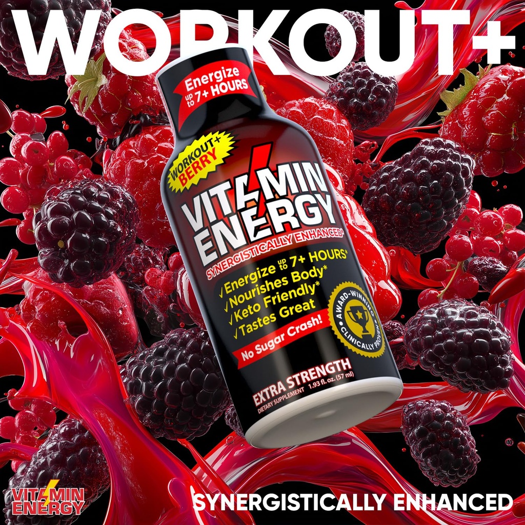 Vitamin Energy Workout+ Extra Strength Energy Shot Berry 24 Pack, 260mg Natural Caffeine, Pre-Workout, B-Vitamins, Minerals, Endurance & Performance, Zero Sugar, Gluten-Free, Vegan, 1.93 fl oz 5