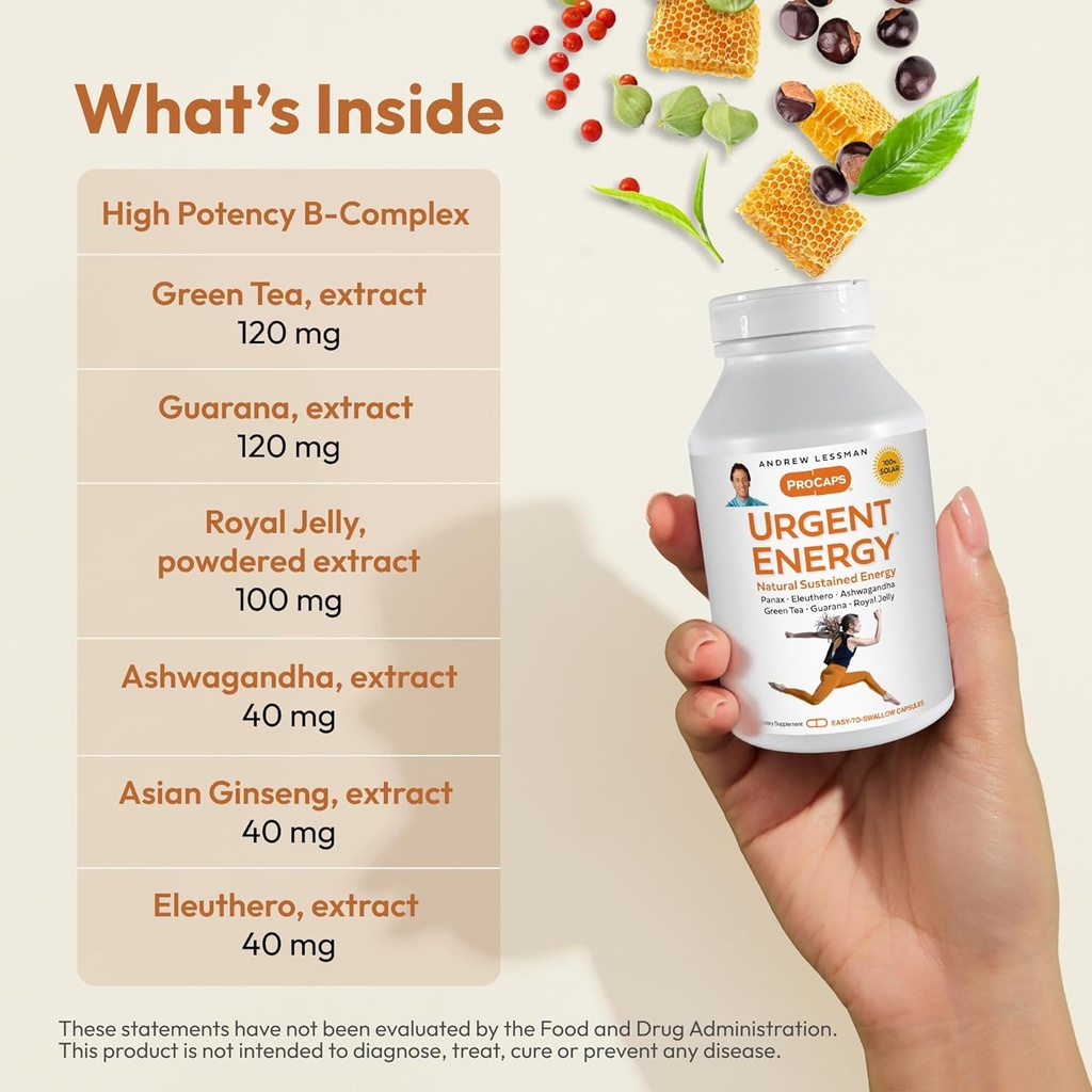 ANDREW LESSMAN Urgent Energy 30 Capsules - Provides a Safe, Healthy Means of Enhancing Energy Levels and Feelings of Well-Being, Green Tea, Guarana, Ginseng, Royal Jelly, Ashwagandha, B-Complex 4