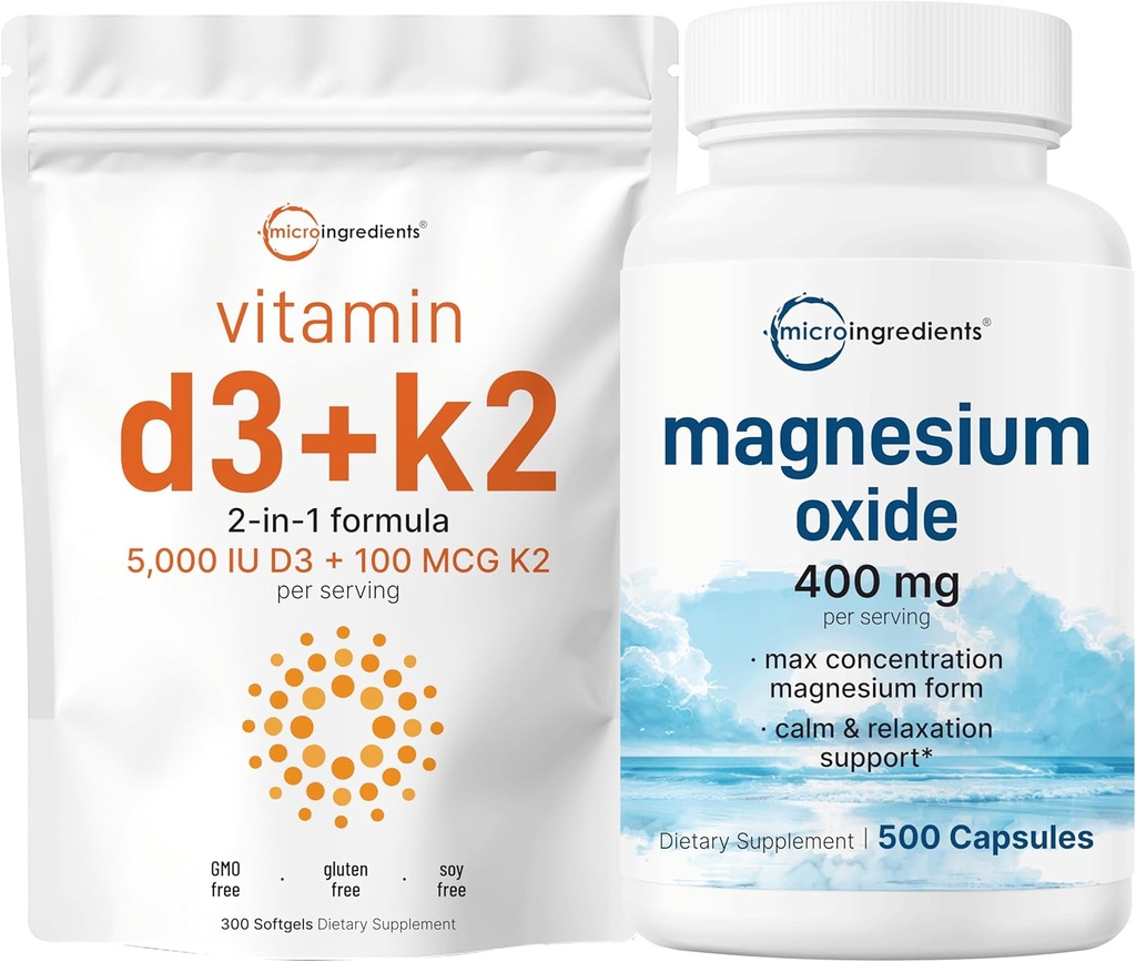 Micro Ingredients Vitamin D3 5,000iu + K2 100mcg Softgels & Magnesium Oxide 400mg Bundle Pack | Essential Sunshine Vitamins | Elemental Form for Max Concentration 2