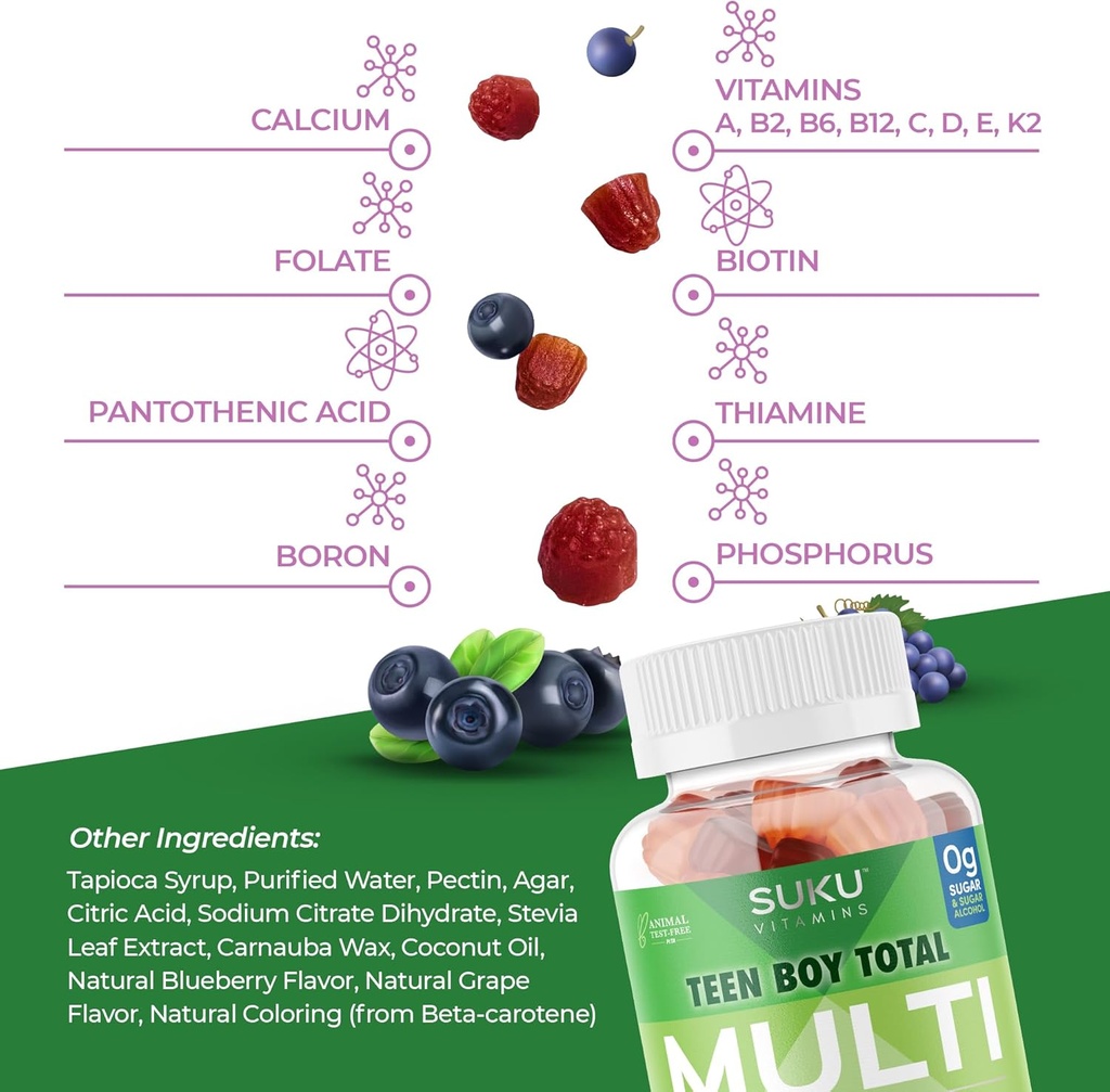 SUKU Teen Boy Multivitamin Gummies – Vitamins A, B12, C, D3, E, Zinc & Biotin – Sugar-Free Vegetarian Supplement for Energy, Growth, Immune & Bone Health – Grape Flavor – 60 Count 6